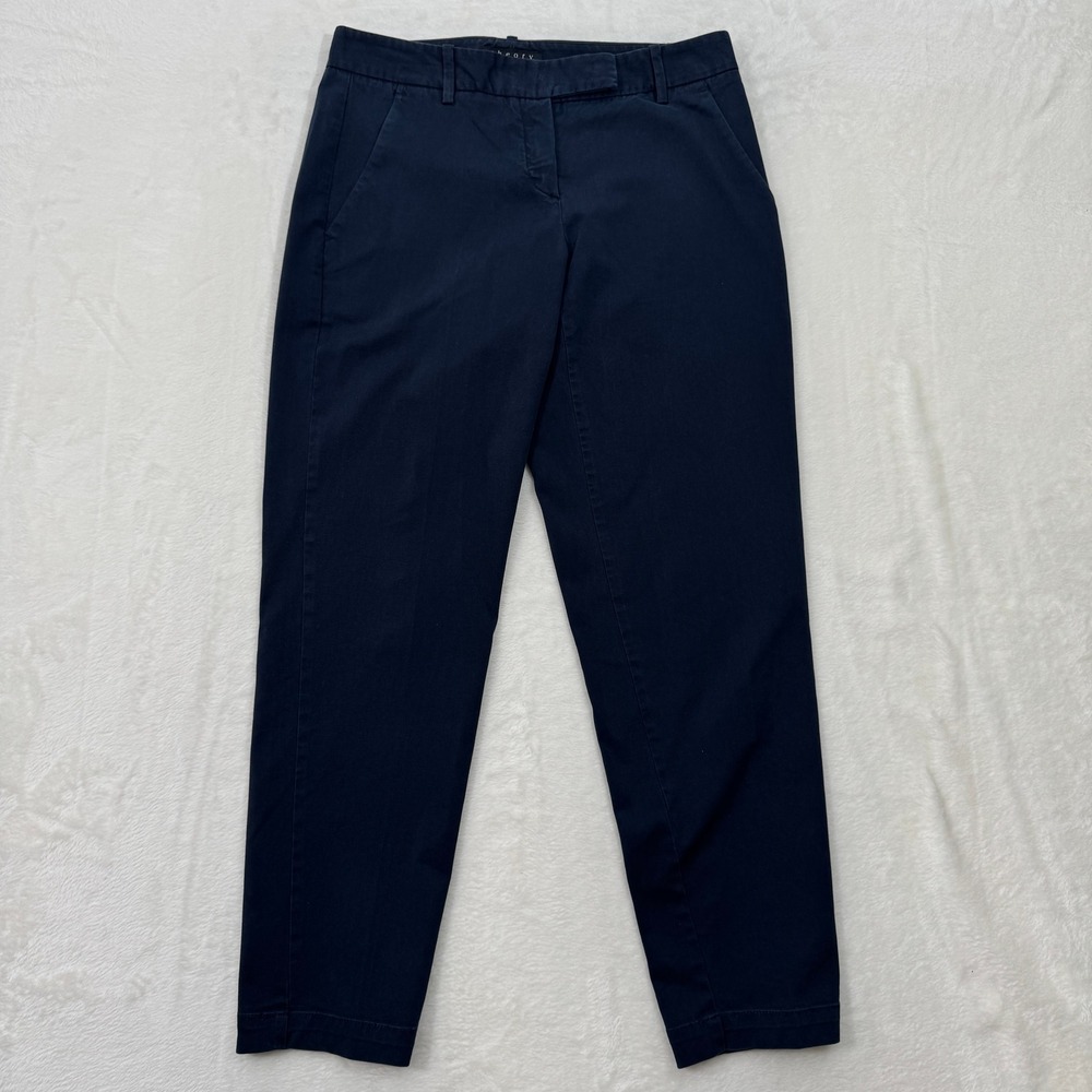 Theory Pants Womens 2 Navy Blue Ainhoa Mauritius Slim Straight Cotton Chino Work